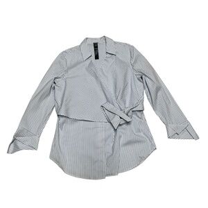 Chico's Dusty Blue/White Black Label Striped Wrap Tie Waist Long Sleeve Size 1